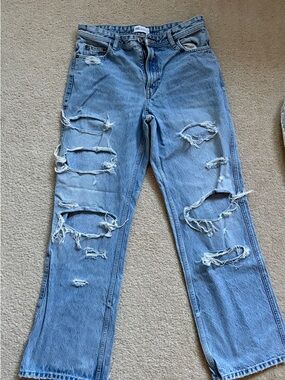 Zara Light Blue Ripped Straight-Leg Jeans